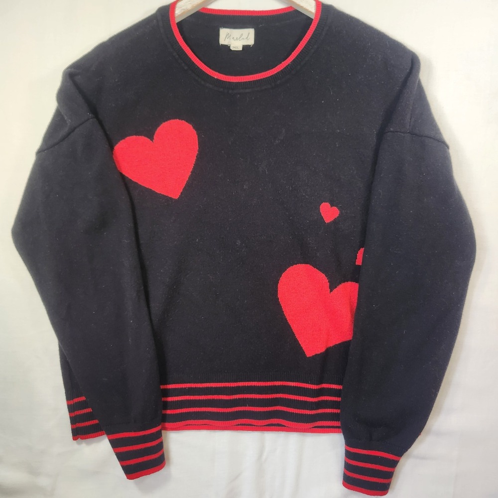 Marled reunited Black Red Heart Intarsia Knit Sweater Striped Trim‎ Crewneck XL